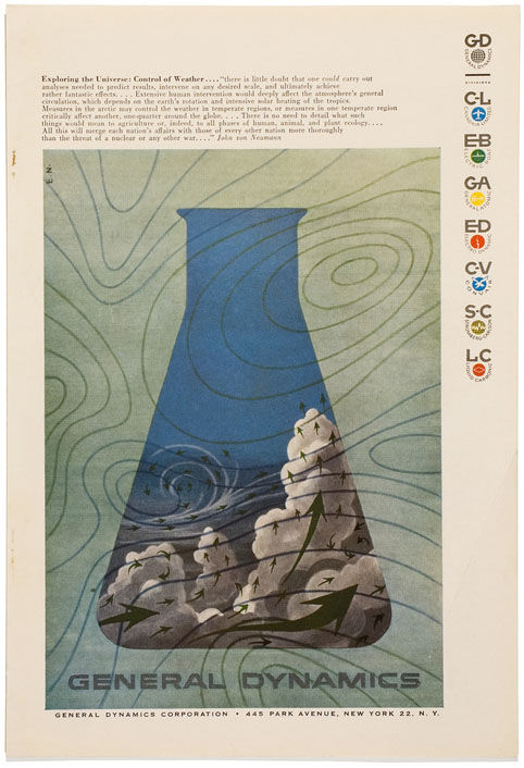 Erik Nitsche, "Exploring the Universe: Control of Weather." Print ad for General Dynamics, mid-20th century