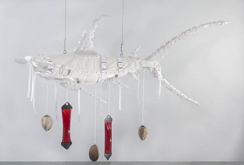 ashley bickerton, Albino Shark, 2008, Pearlescent polyurethane resin, nylon, cotton webbing, stainless steel, scope, distilled water, coconuts and rope, 60 x 108 x 60 inches, art fag city