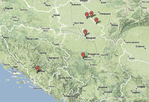 Statue locations on maps of Serbia and Bosnia and Herzegovina